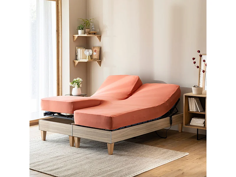 Drap housse orange terracotta pour lit articulé jersey extensible 2x70x190