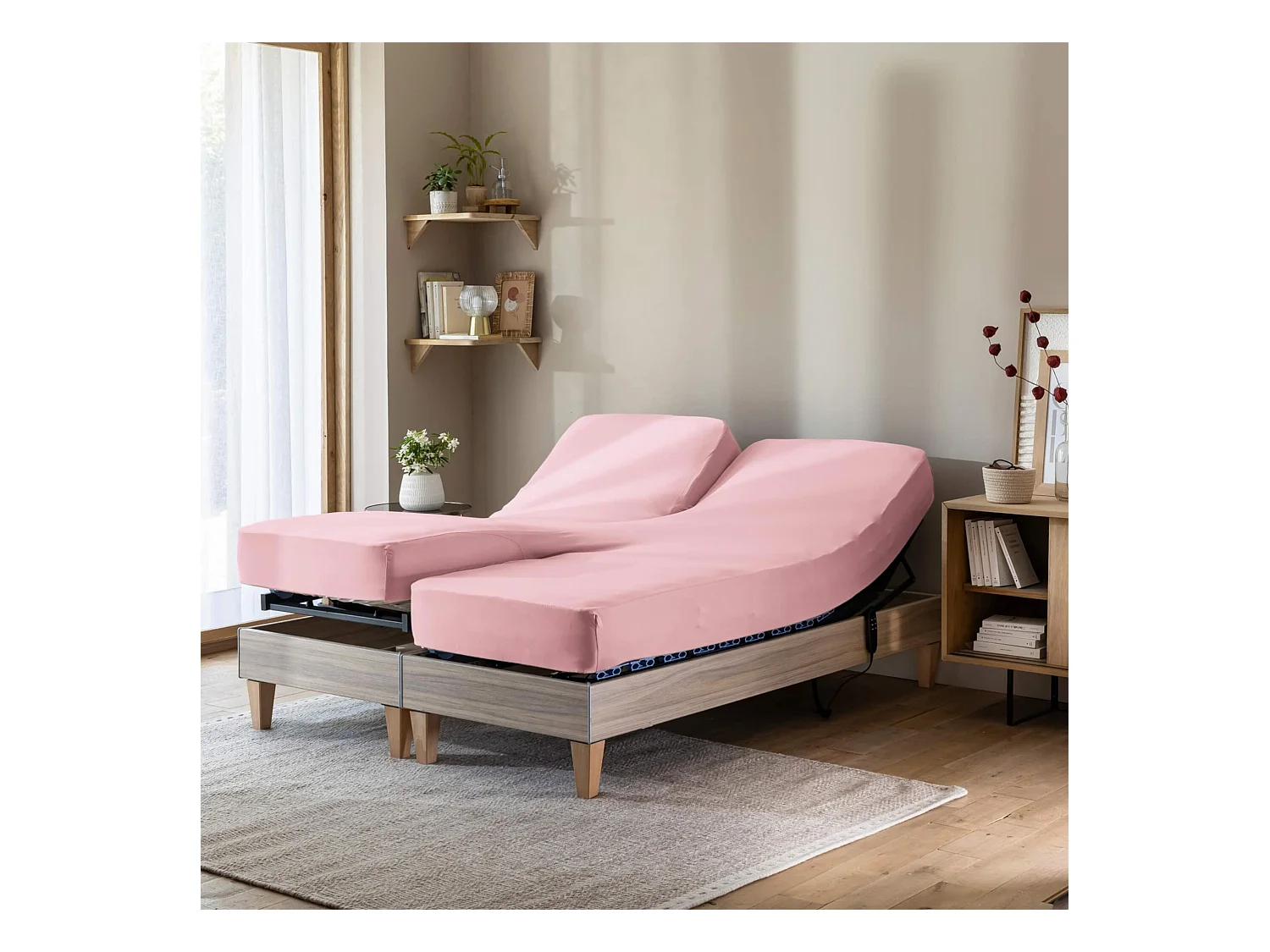 Drap housse rose thé pour lit articulé jersey extensible 2x90x200