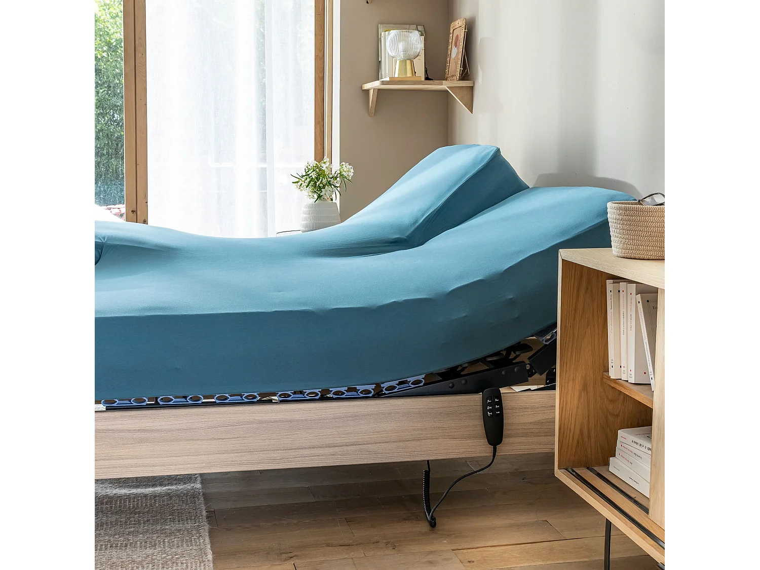 Drap housse bleu canard pour lit articulé jersey extensible 2x80x200