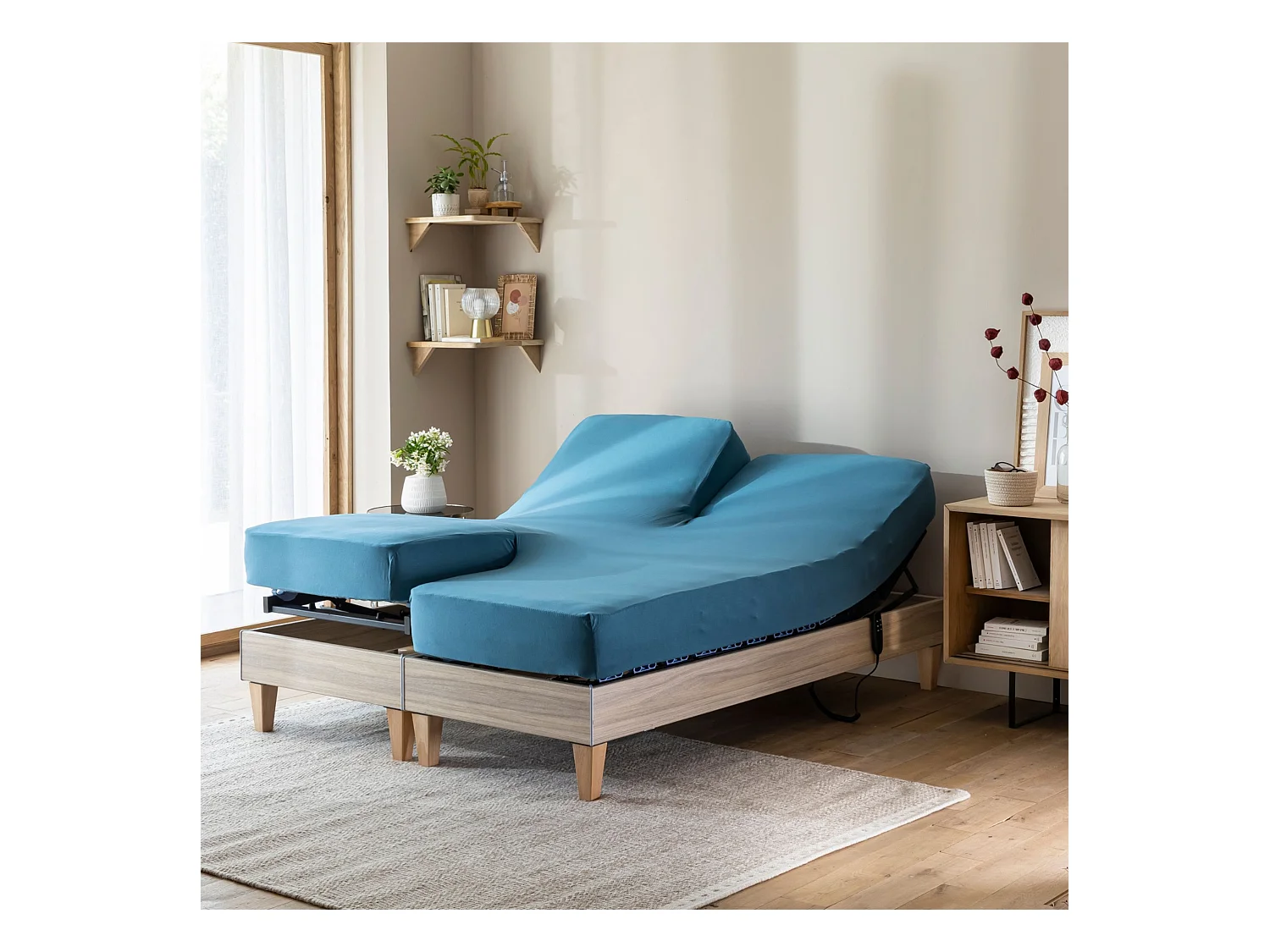 Drap housse bleu canard pour lit articulé jersey extensible 2x80x200