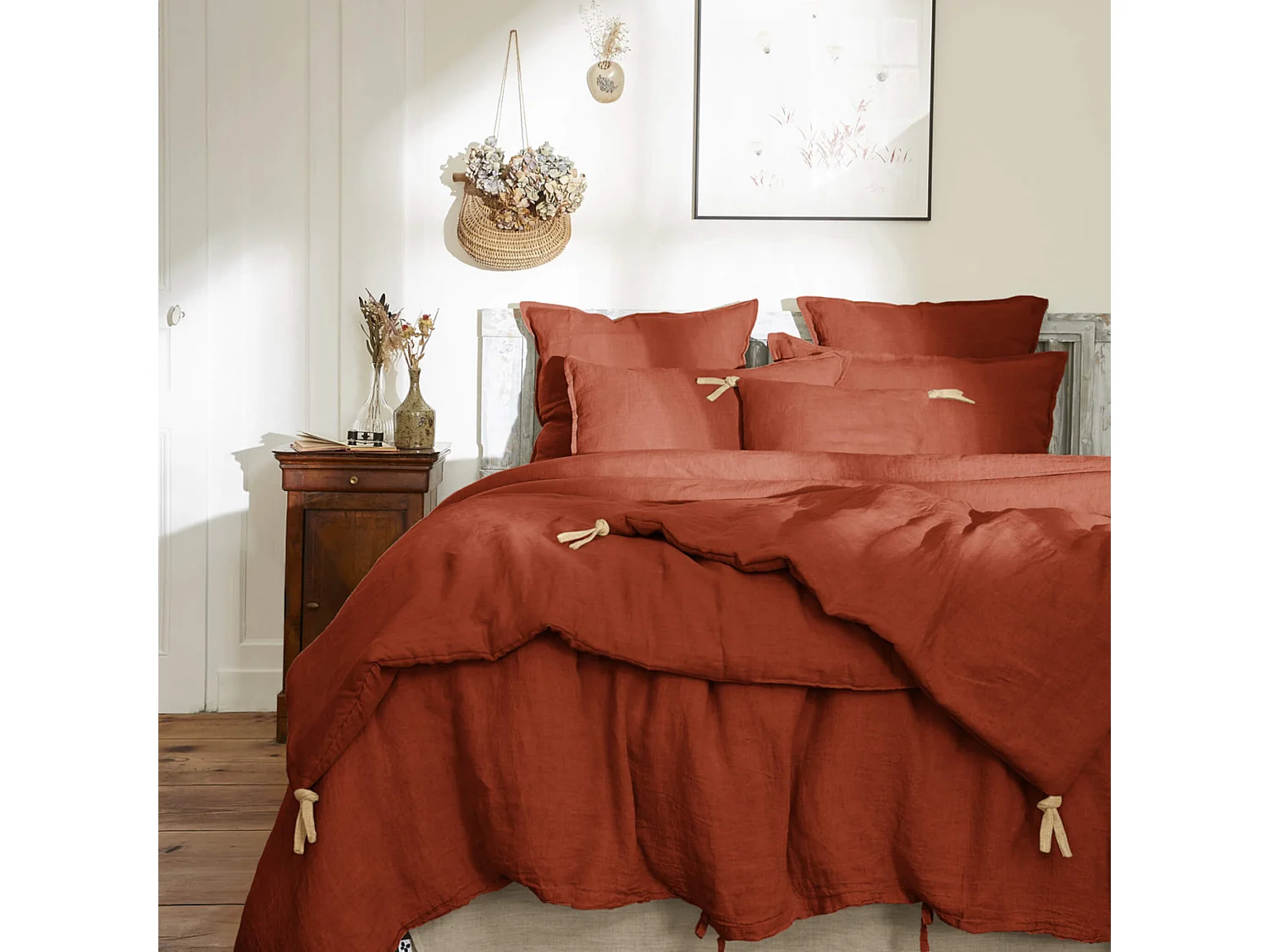Couvre-lit à nouettes lin lavé orange