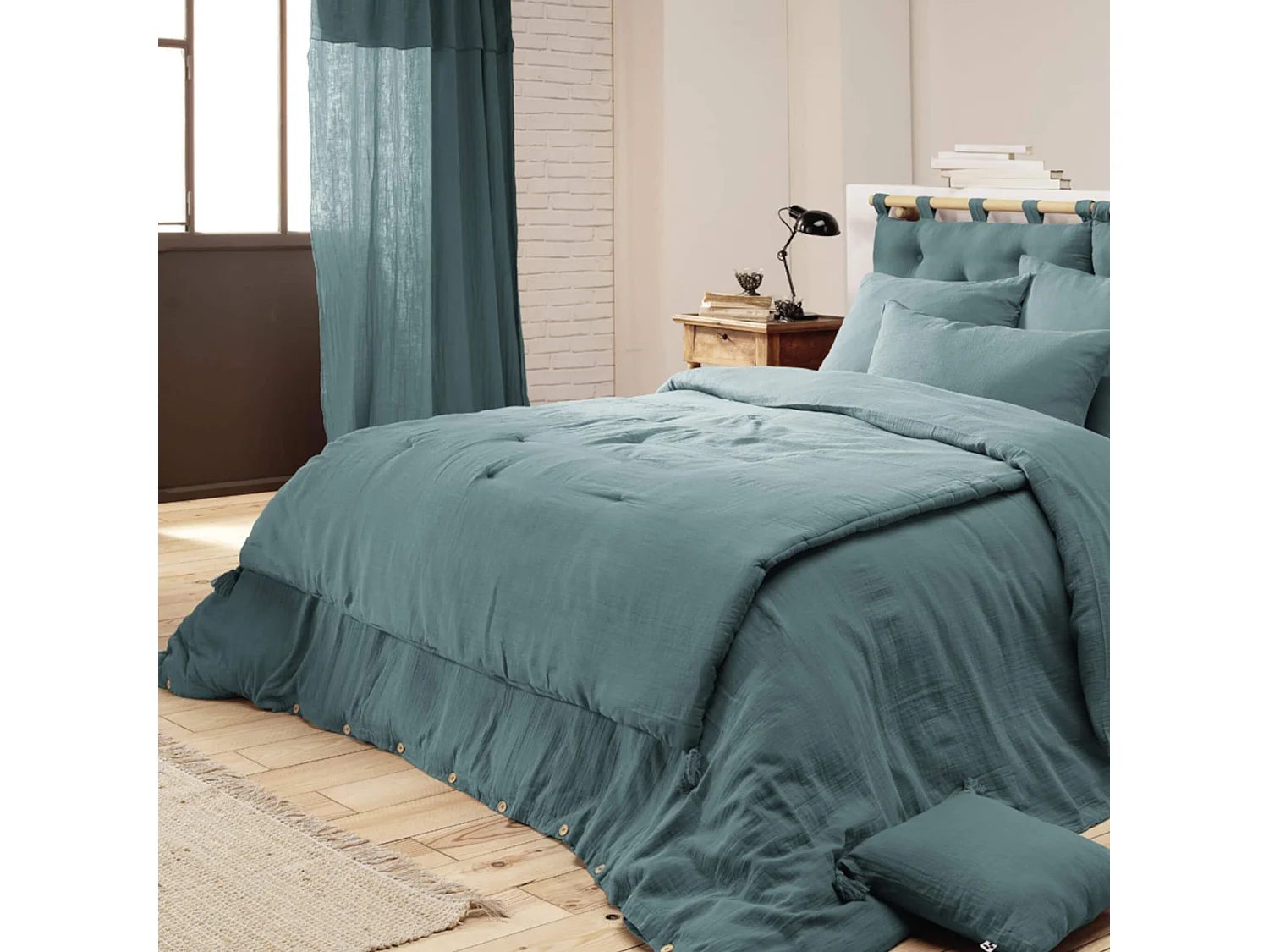 Couvre-lit double gaze de coton bleu canard 90x200 cm