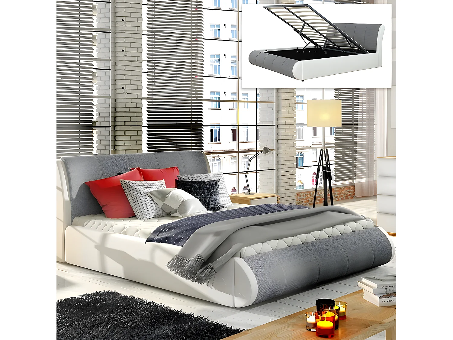 Lit Coffre Xenon Avec Sommier - Couleurs - Gris Tissu, Tailles - 140x190