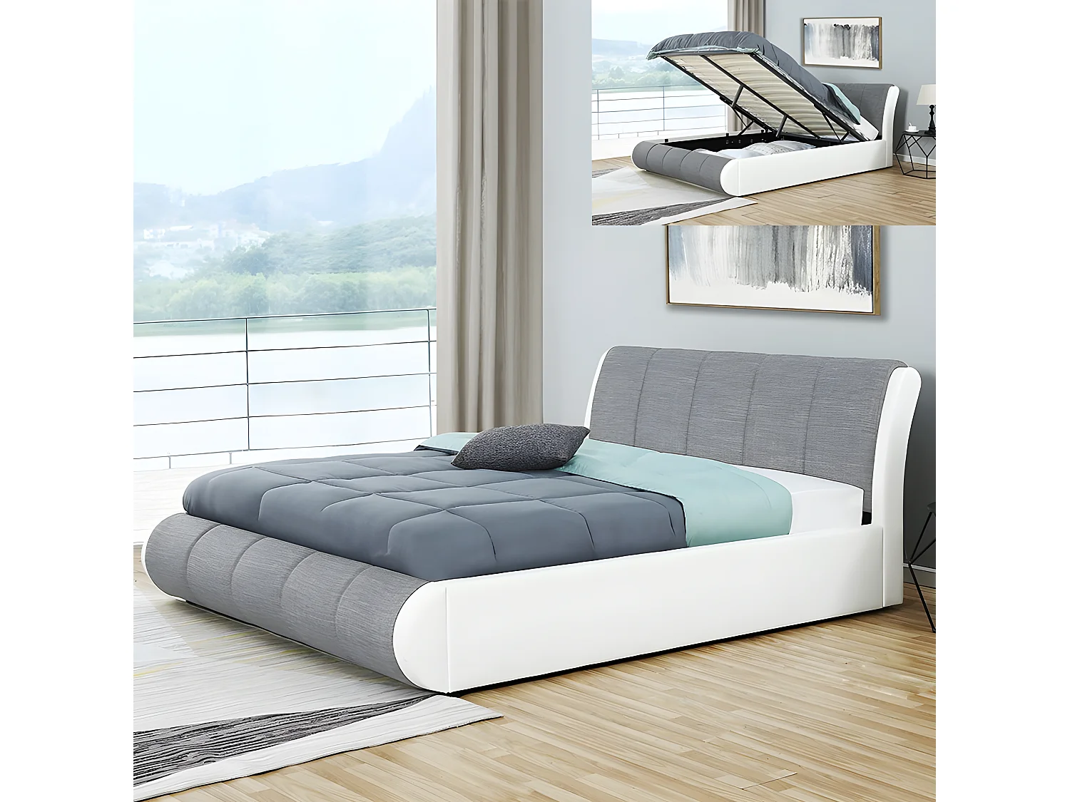 Lit Coffre Xenon Avec Sommier - Couleurs - Gris Tissu, Tailles - 140x190