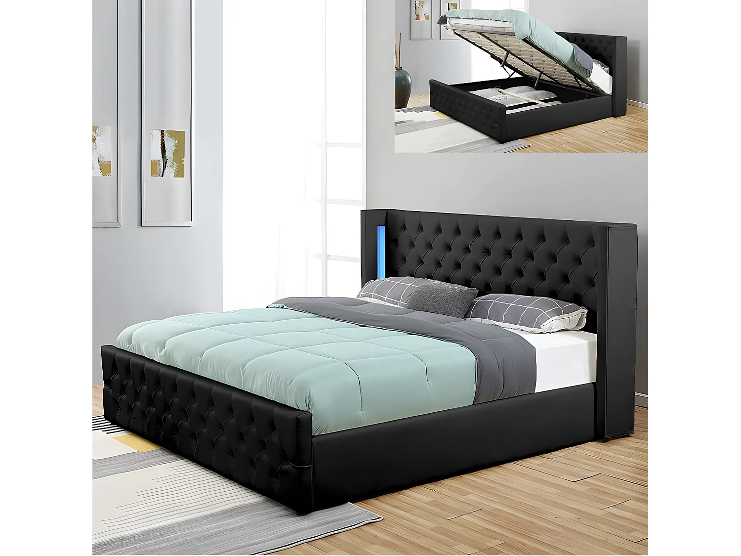 Lit Coffre Design Avec Led Osmos - Couleurs - Noir, Tailles - 160x200