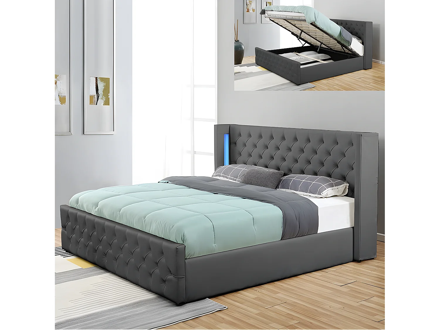 Lit Coffre Design Avec Led Osmos - Couleurs - Gris, Tailles - 160x200