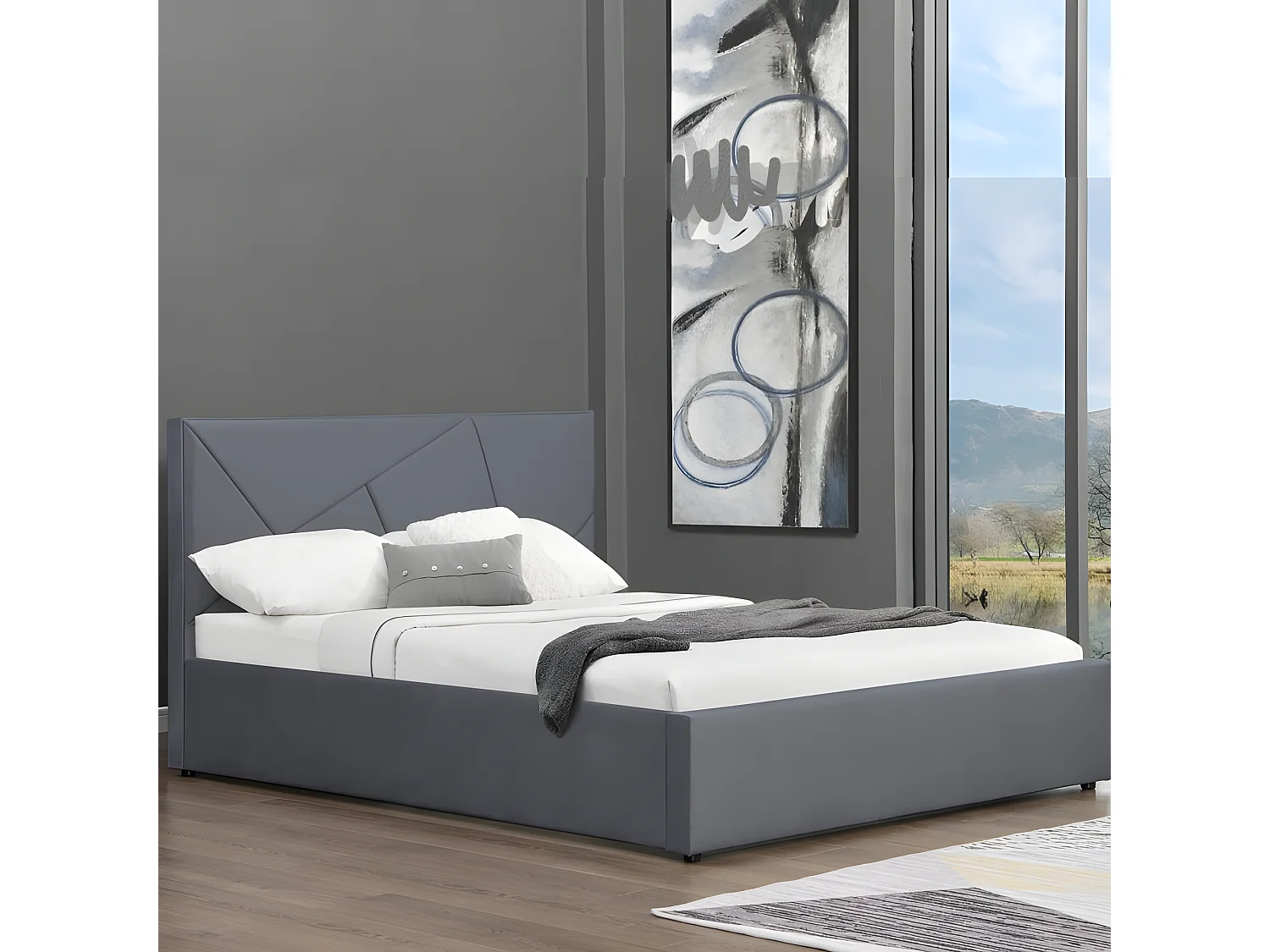 Lit coffre velours DAMARD - Velours Gris - 140x190 cm