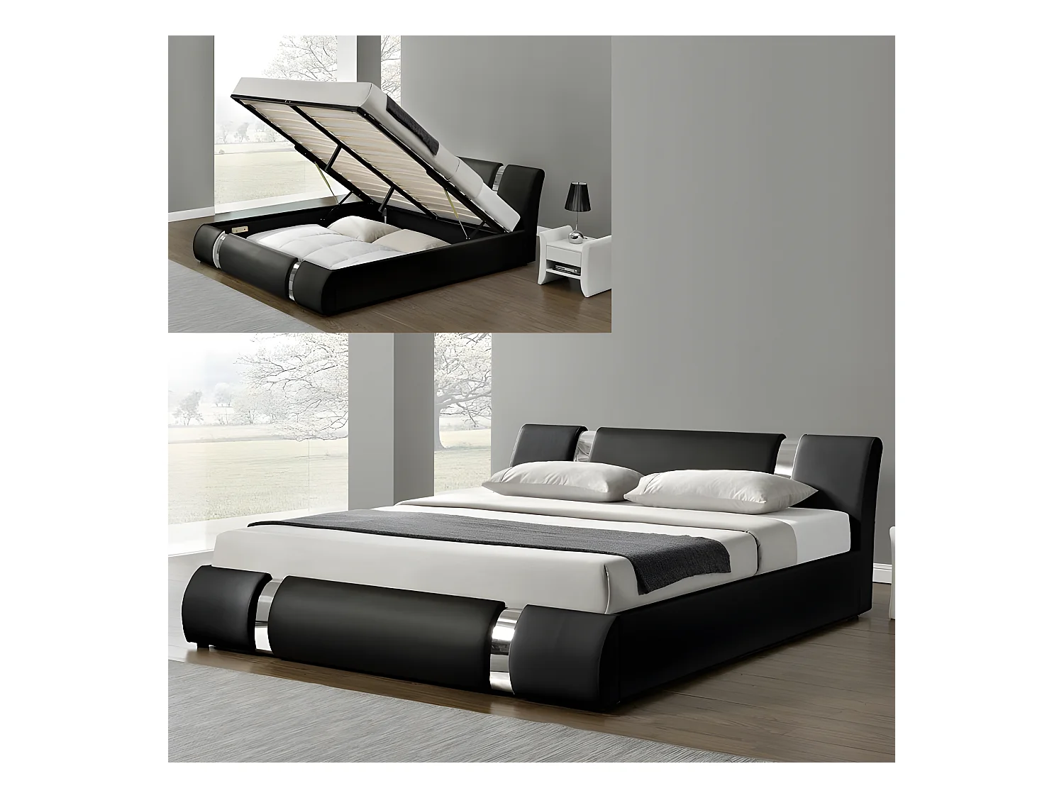 Lit Coffre Sommier Relevable Nova - Couleurs - Noir, Tailles - 180x200