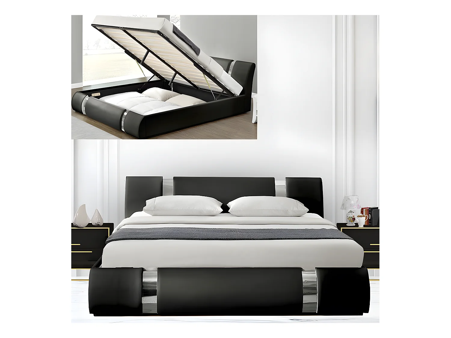 Lit Coffre Sommier Relevable Nova - Couleurs - Noir, Tailles - 180x200