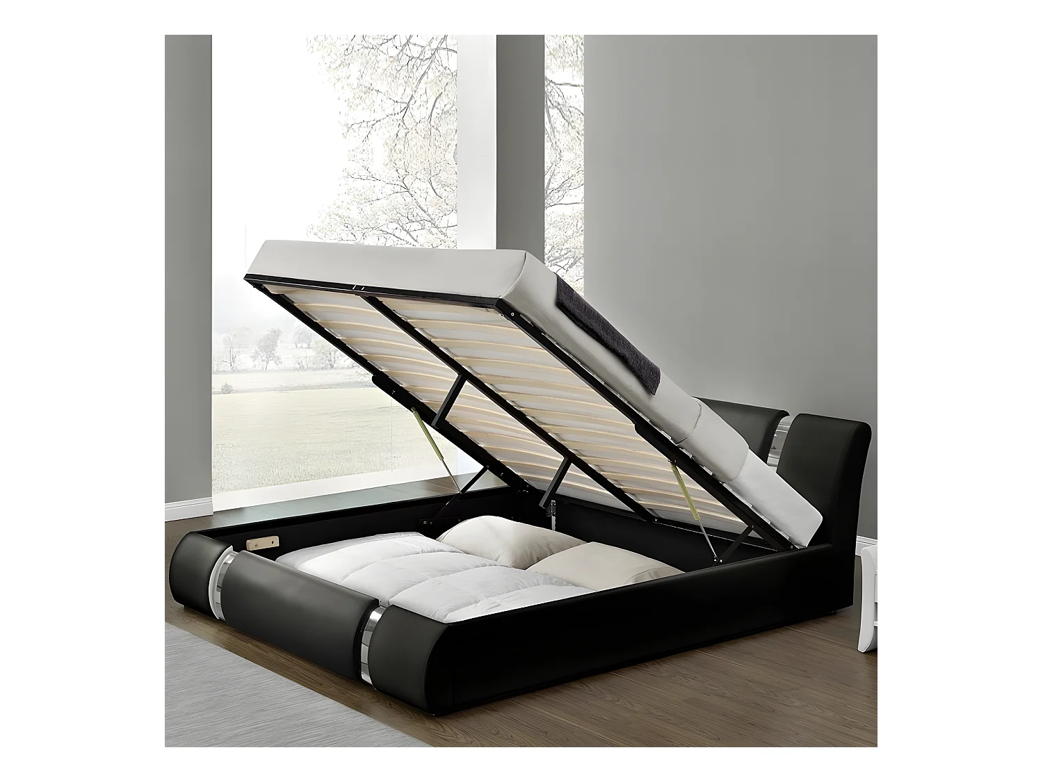 Lit Coffre Sommier Relevable Nova - Couleurs - Noir, Tailles - 180x200