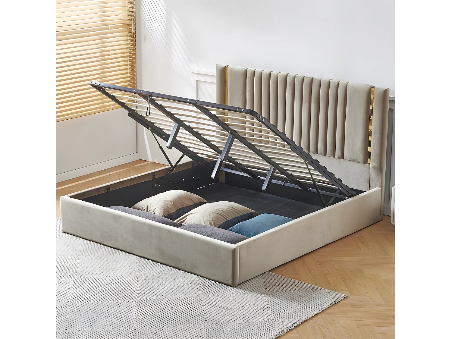 Lit Coffre Métal Or Et Velours Kaufman - Couleurs - Velours Taupe, Tailles - 160x200