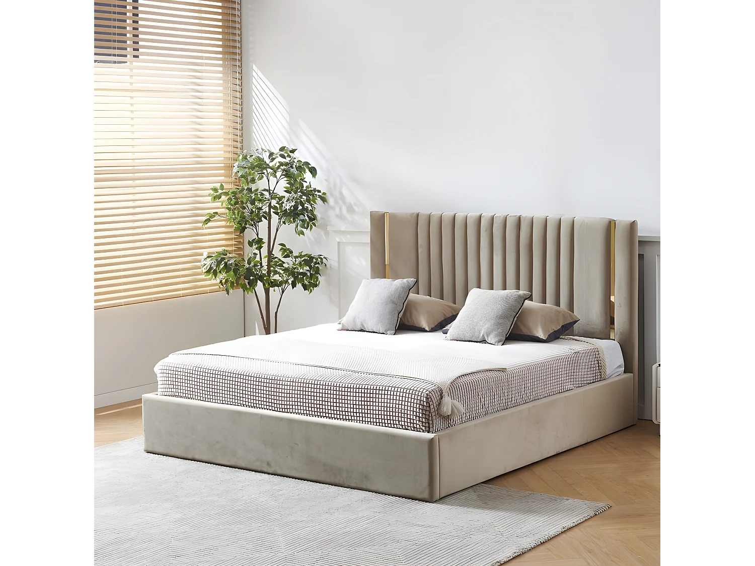 Lit Coffre Métal Or Et Velours Kaufman - Couleurs - Velours Taupe, Tailles - 160x200