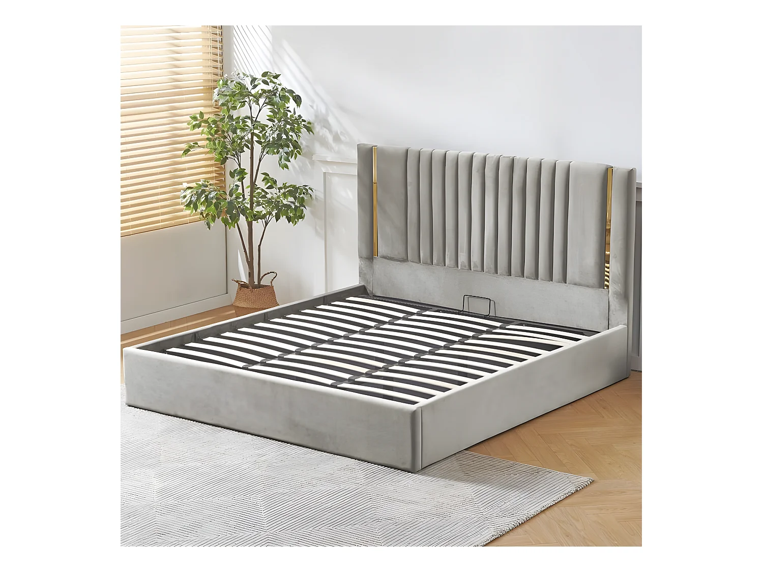 Lit Coffre Métal Or Et Velours Kaufman - Couleurs - Velours Gris, Tailles - 160x200