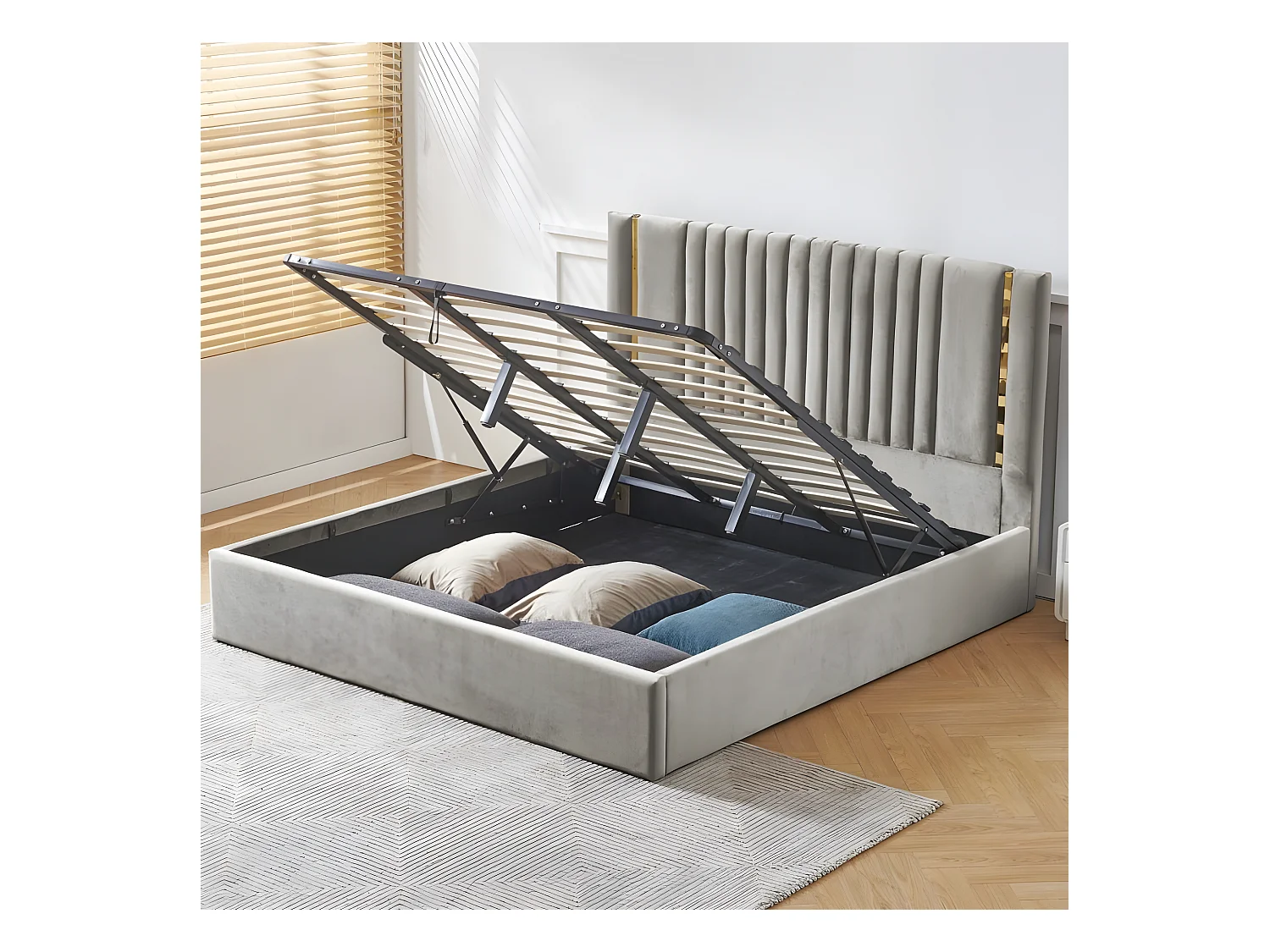 Lit Coffre Métal Or Et Velours Kaufman - Couleurs - Velours Gris, Tailles - 160x200