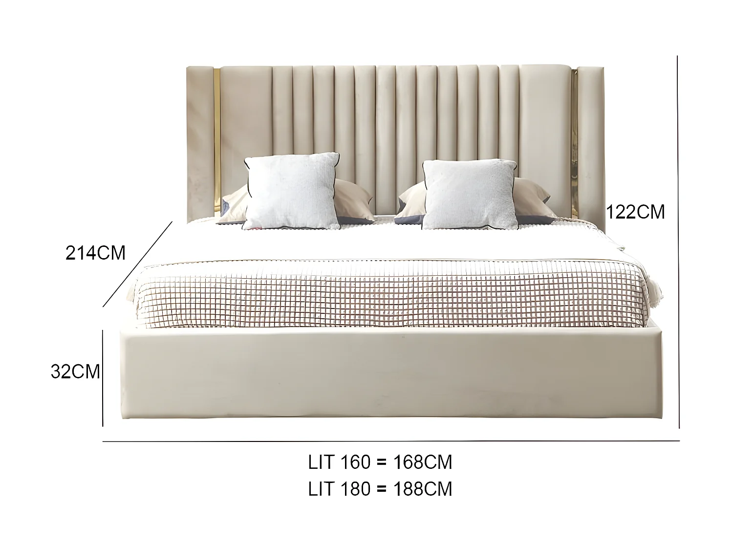 Lit Coffre Métal Or Et Velours Kaufman - Couleurs - Velours Gris, Tailles - 160x200