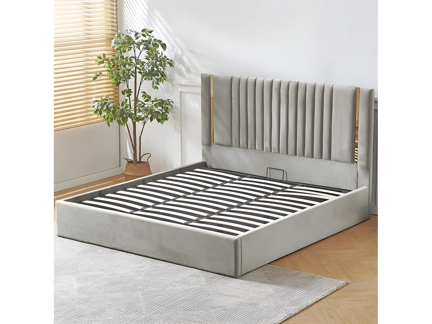 Lit Coffre Métal Or Et Velours Kaufman - Couleurs - Velours Gris, Tailles - 160x200