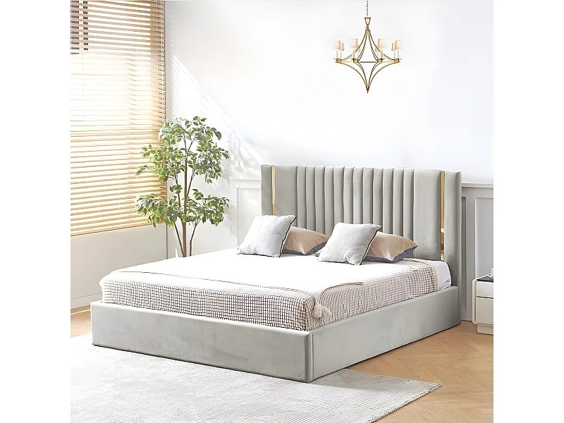 Lit Coffre Métal Or Et Velours Kaufman - Couleurs - Velours Gris, Tailles - 160x200