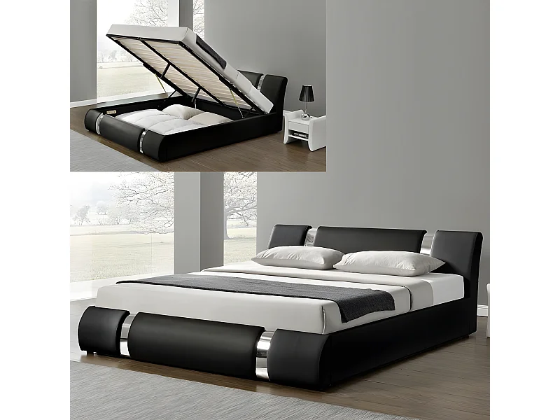 Lit Coffre Sommier Relevable Nova - Couleurs - Noir, Tailles - 140x190