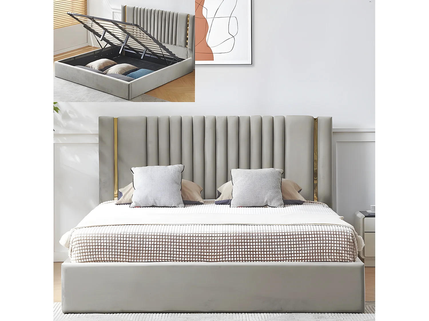 Lit Coffre Métal Or Et Velours Kaufman - Couleurs - Velours Gris, Tailles - 180x200