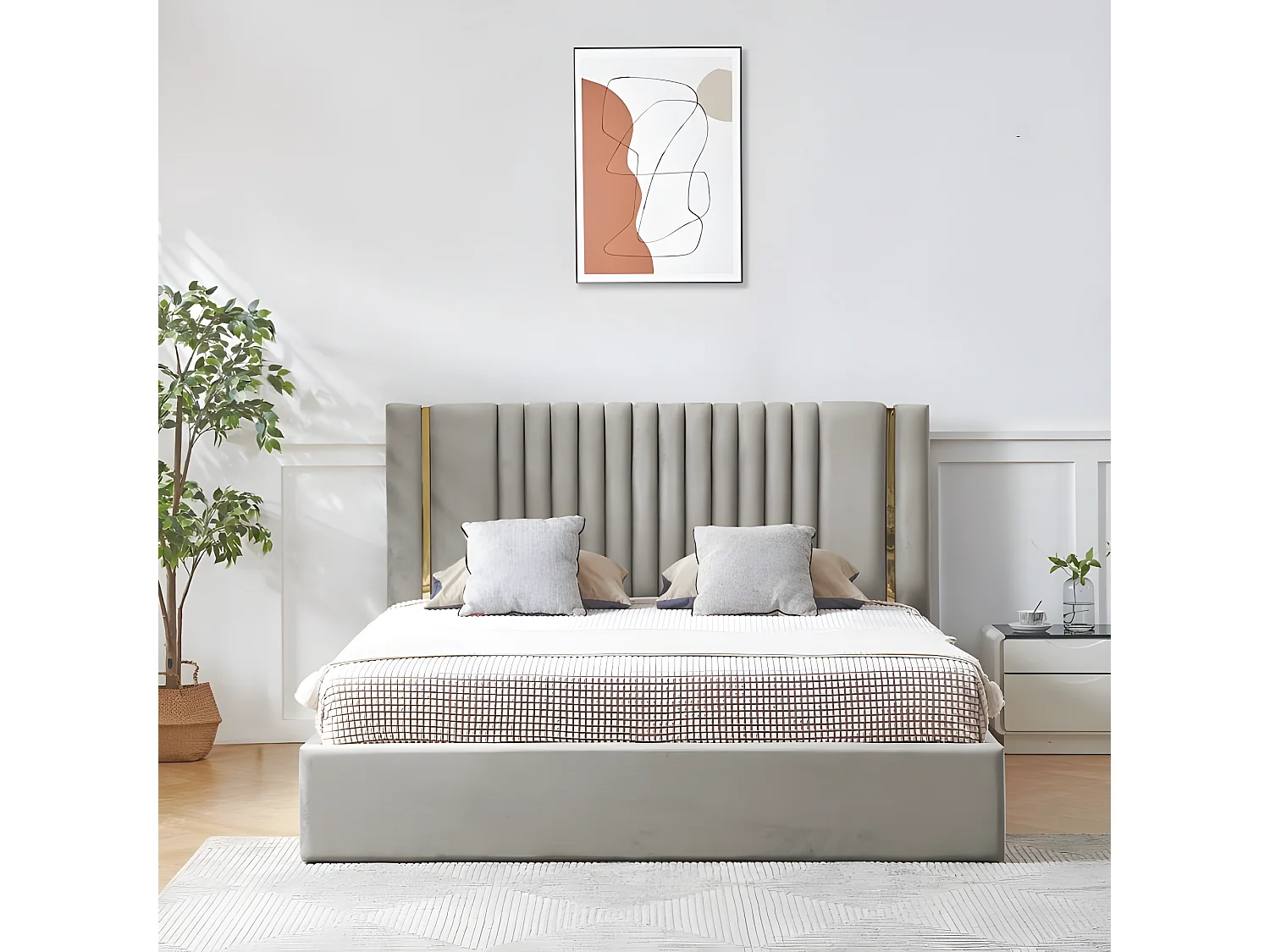 Lit Coffre Métal Or Et Velours Kaufman - Couleurs - Velours Gris, Tailles - 180x200