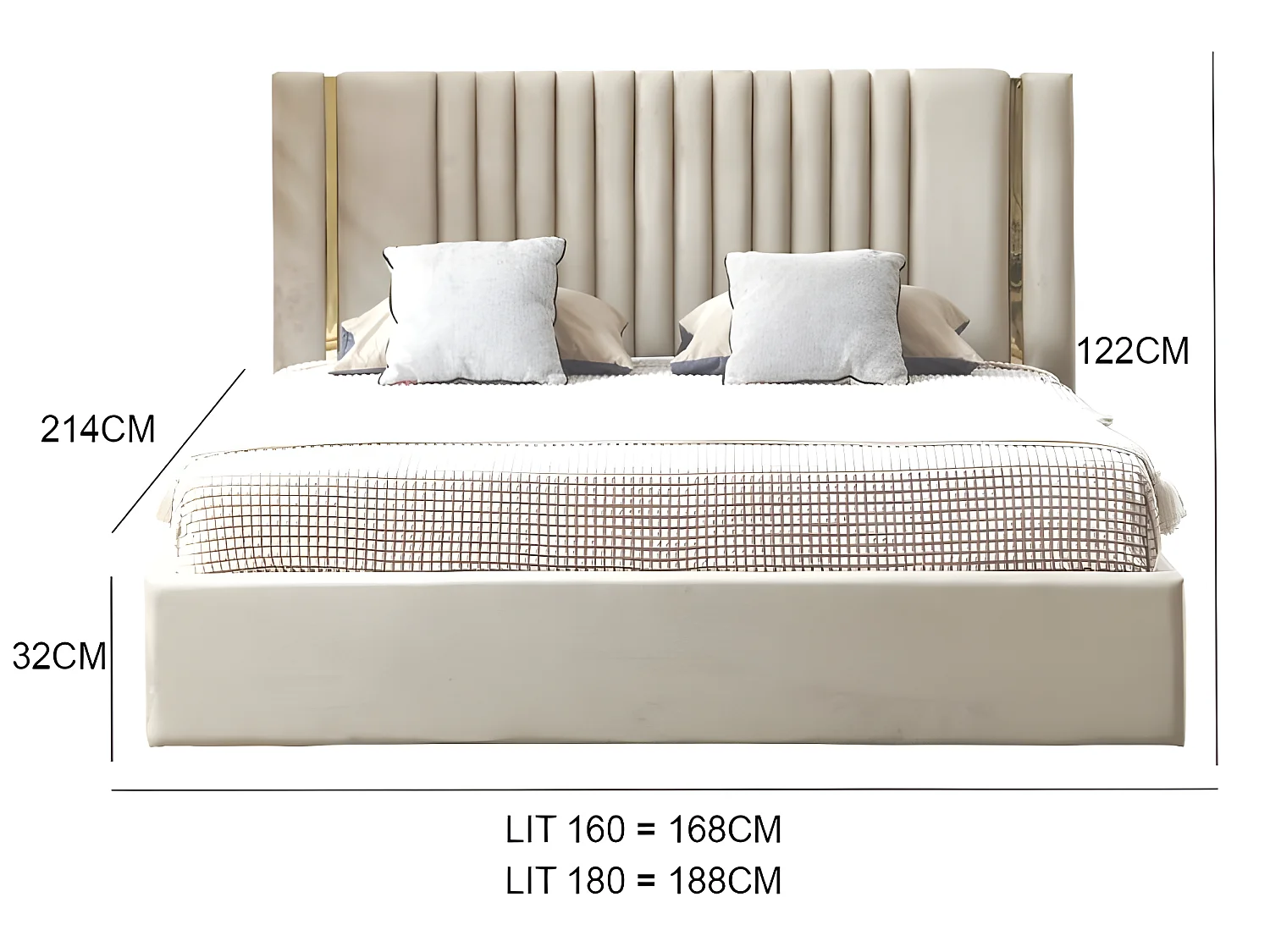 Lit Coffre Métal Or Et Velours Kaufman - Couleurs - Velours Gris, Tailles - 180x200