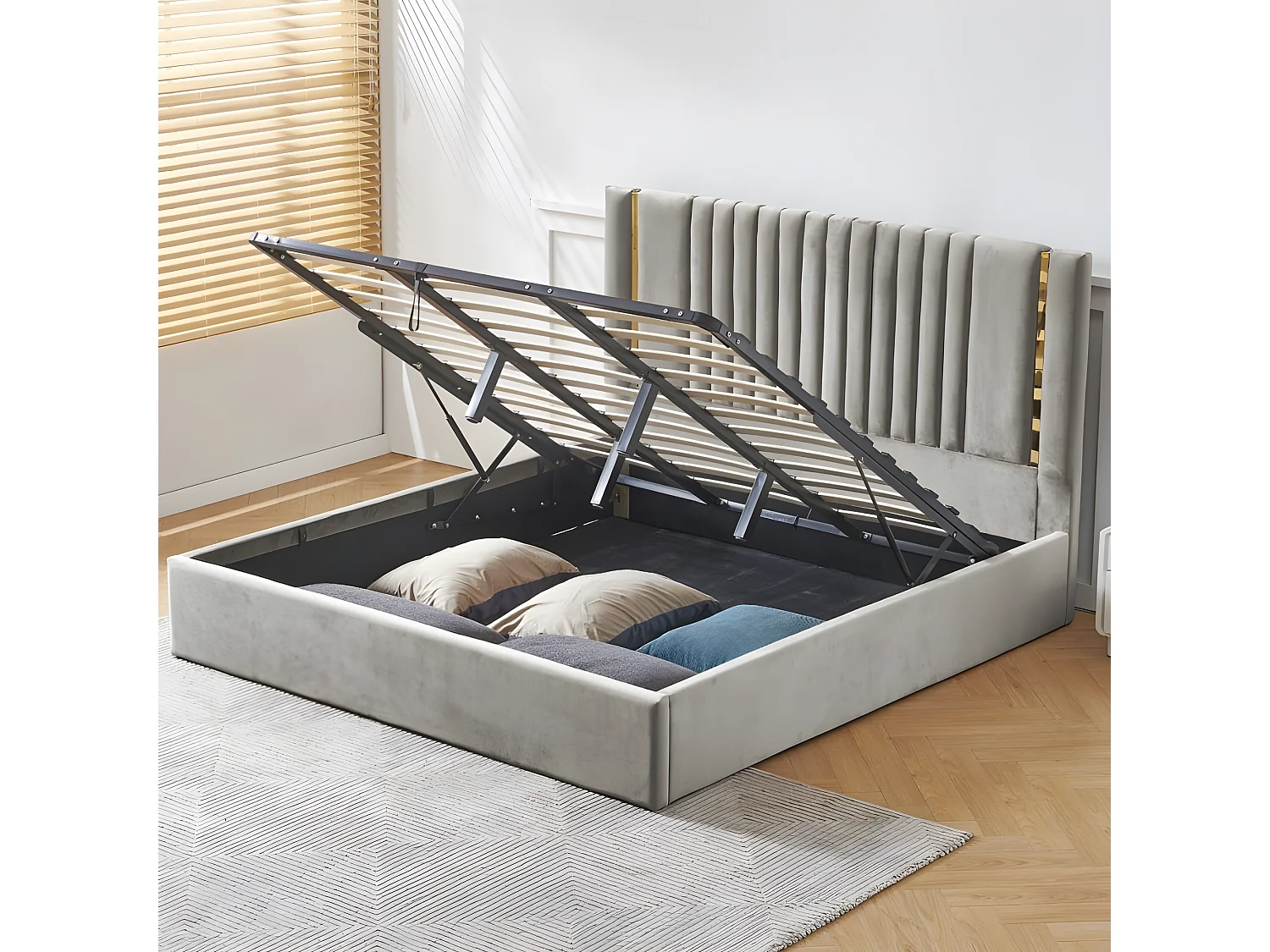 Lit Coffre Métal Or Et Velours Kaufman - Couleurs - Velours Gris, Tailles - 180x200