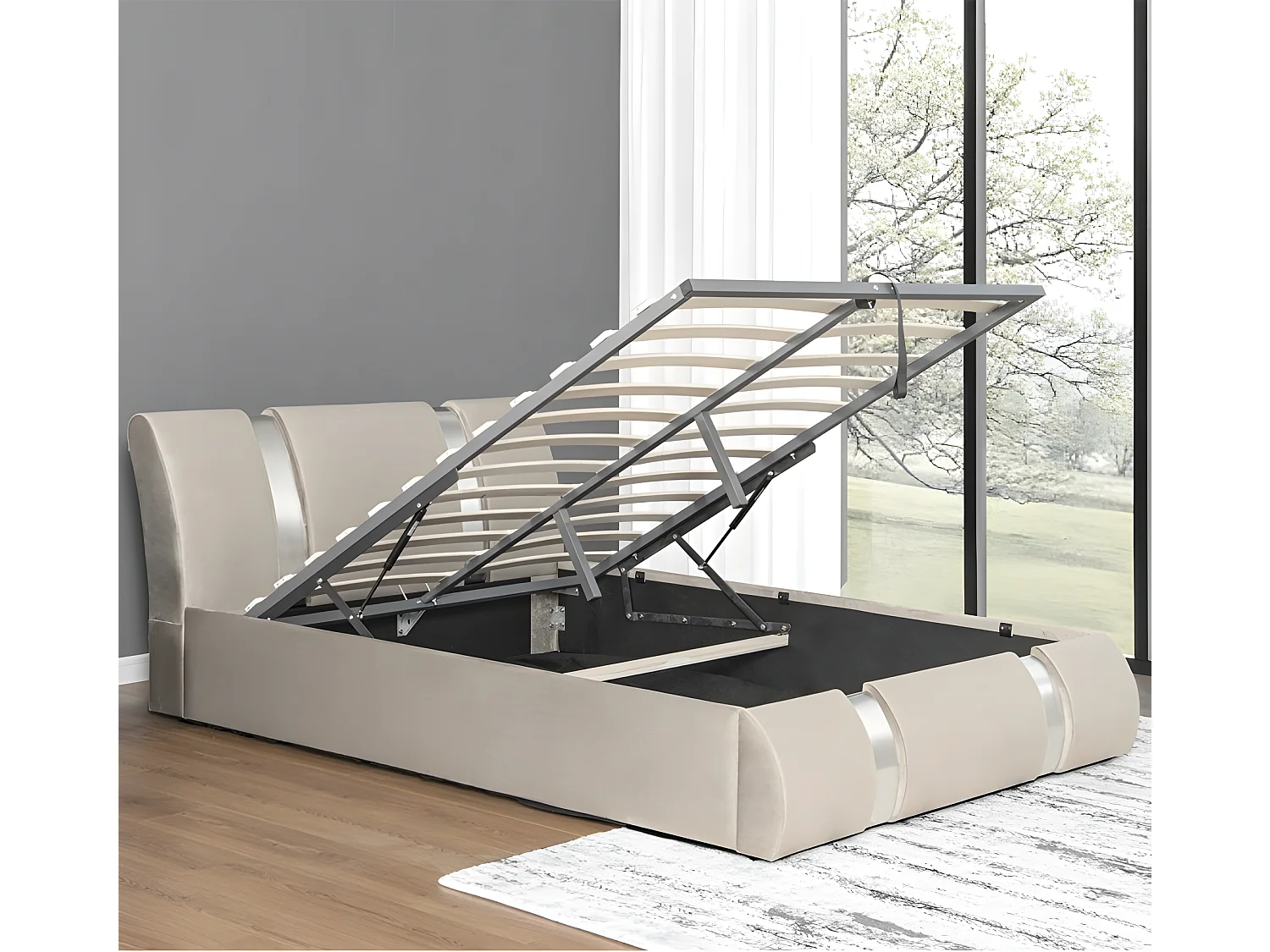 Lit Coffre Sommier Relevable Nova Velours - Couleurs - Velours Taupe, Tailles - 160x200