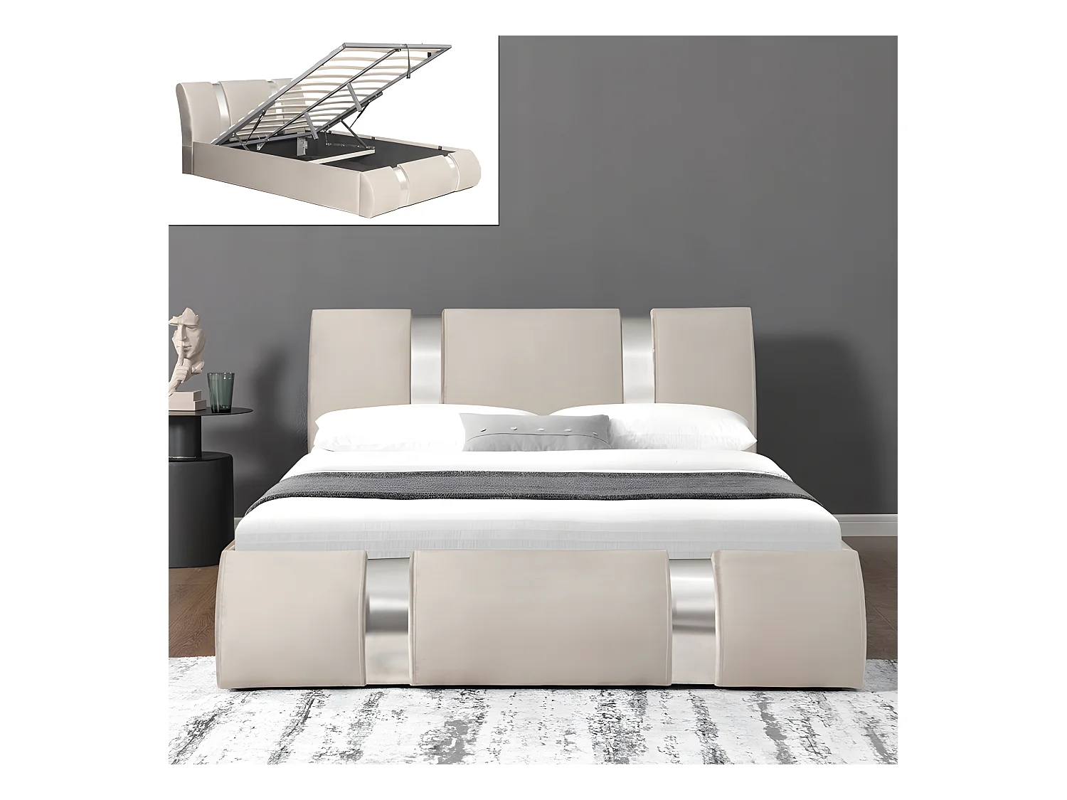 Lit Coffre Sommier Relevable Nova Velours - Couleurs - Velours Taupe, Tailles - 160x200