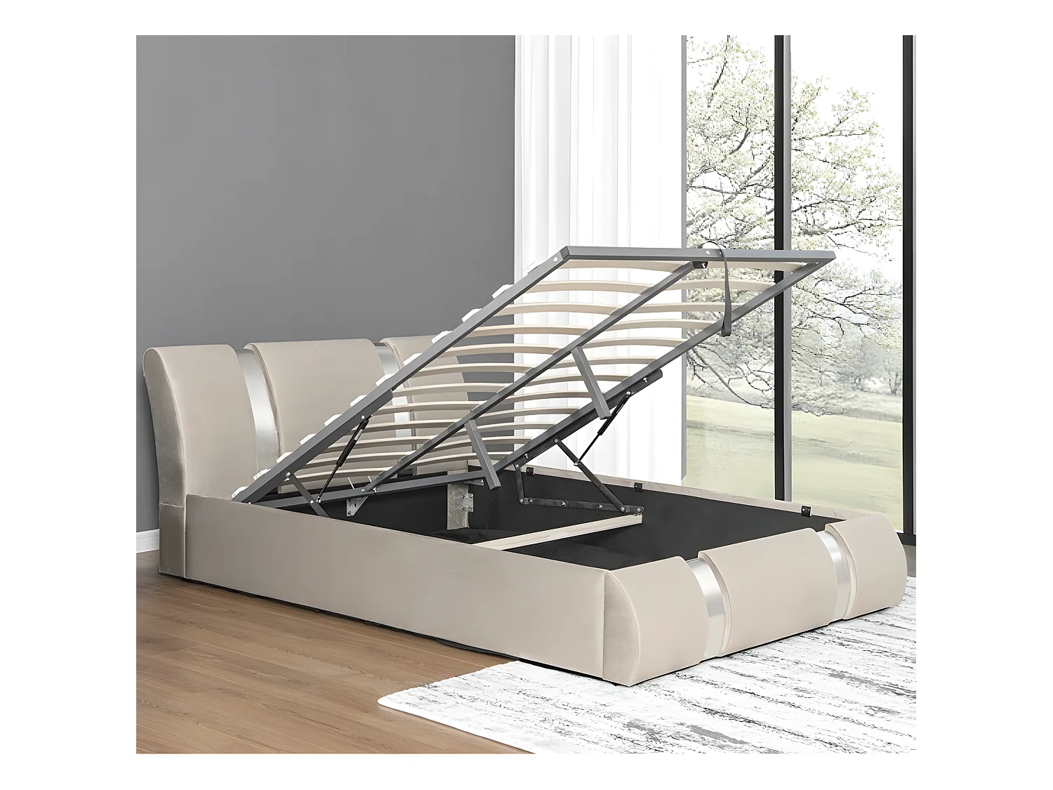 Lit Coffre Sommier Relevable Nova Velours - Couleurs - Velours Taupe, Tailles - 160x200
