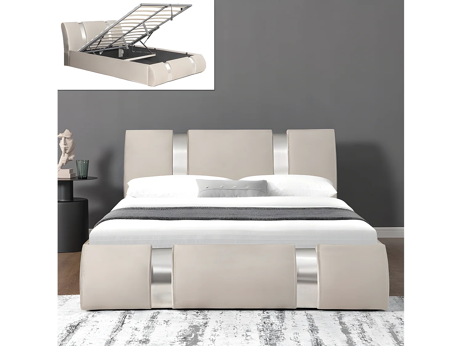 Lit Coffre Sommier Relevable Nova Velours - Couleurs - Velours Taupe, Tailles - 180x200