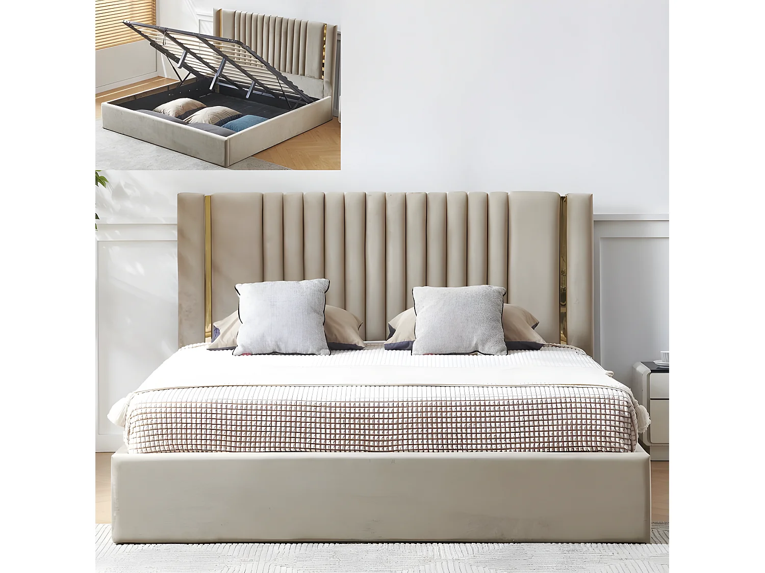 Lit Coffre Métal Or Et Velours Kaufman - Couleurs - Velours Taupe, Tailles - 180x200