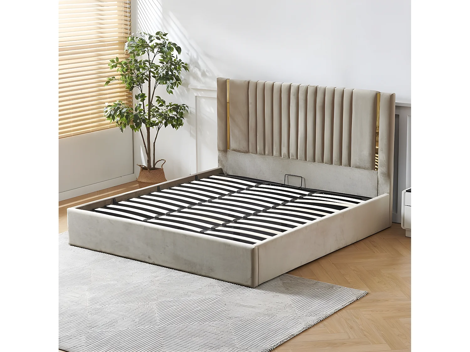 Lit Coffre Métal Or Et Velours Kaufman - Couleurs - Velours Taupe, Tailles - 180x200