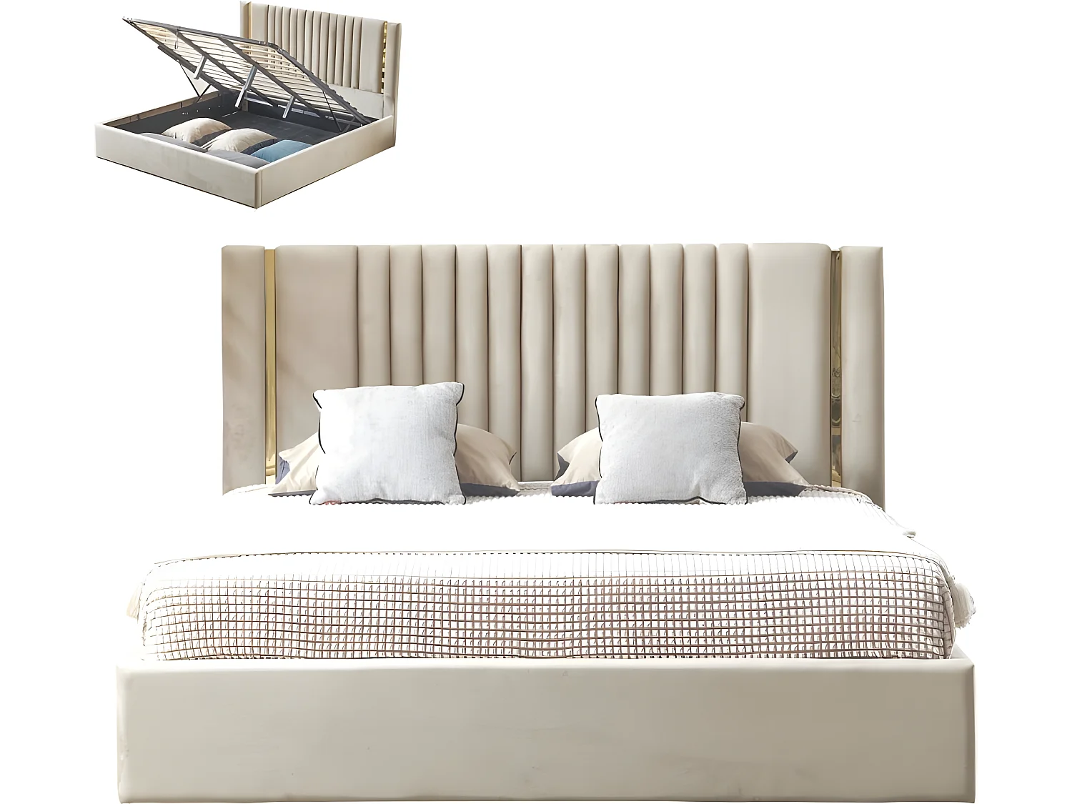 Lit Coffre Métal Or Et Velours Kaufman - Couleurs - Velours Taupe, Tailles - 180x200