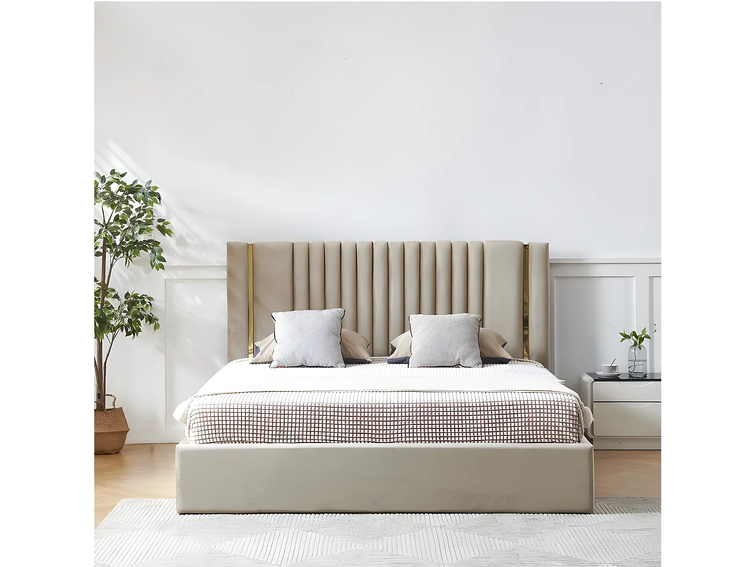 Lit Coffre Métal Or Et Velours Kaufman - Couleurs - Velours Taupe, Tailles - 180x200