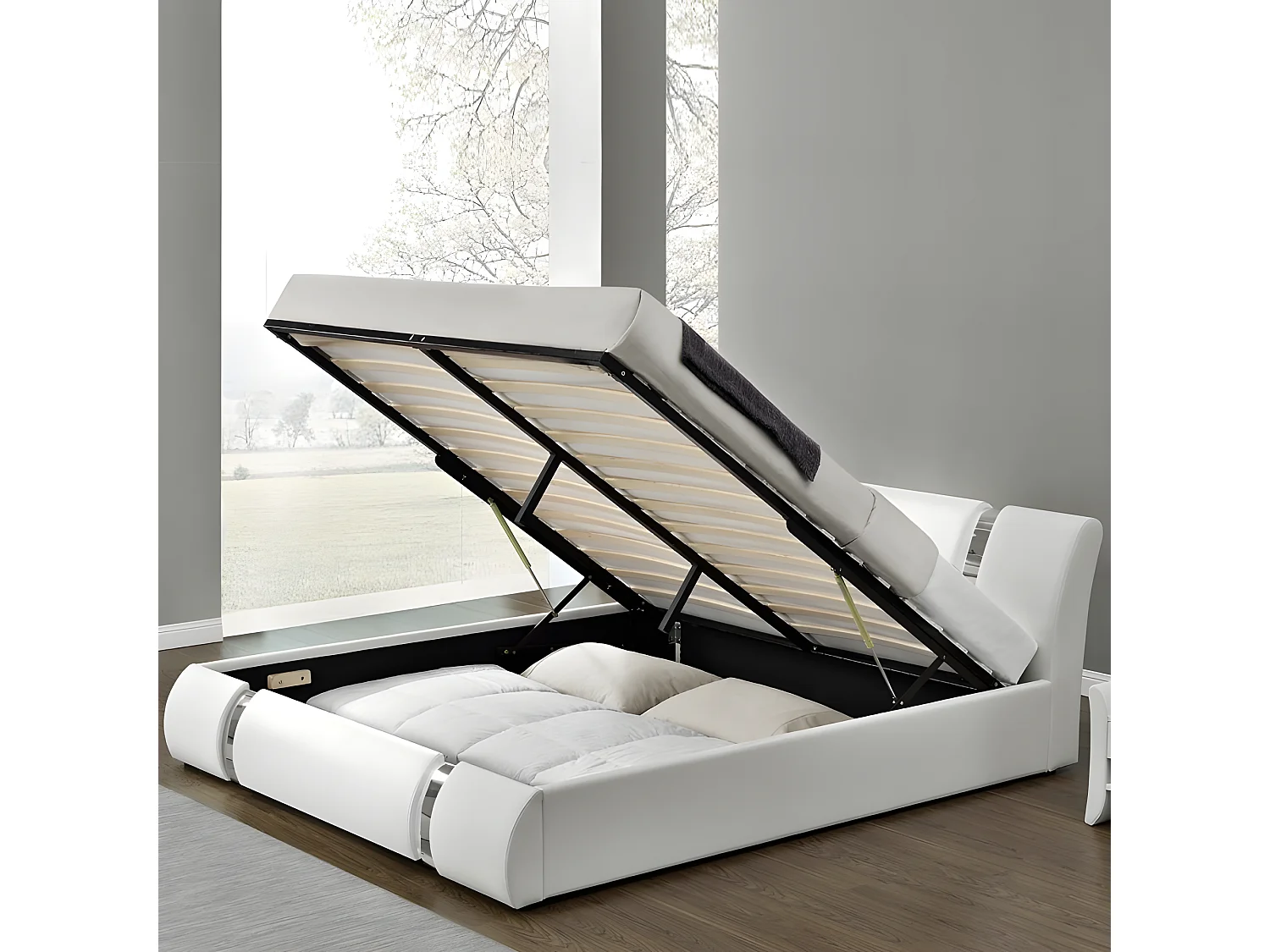 Lit Coffre Sommier Relevable Nova - Couleurs - Blanc, Tailles - 160x200