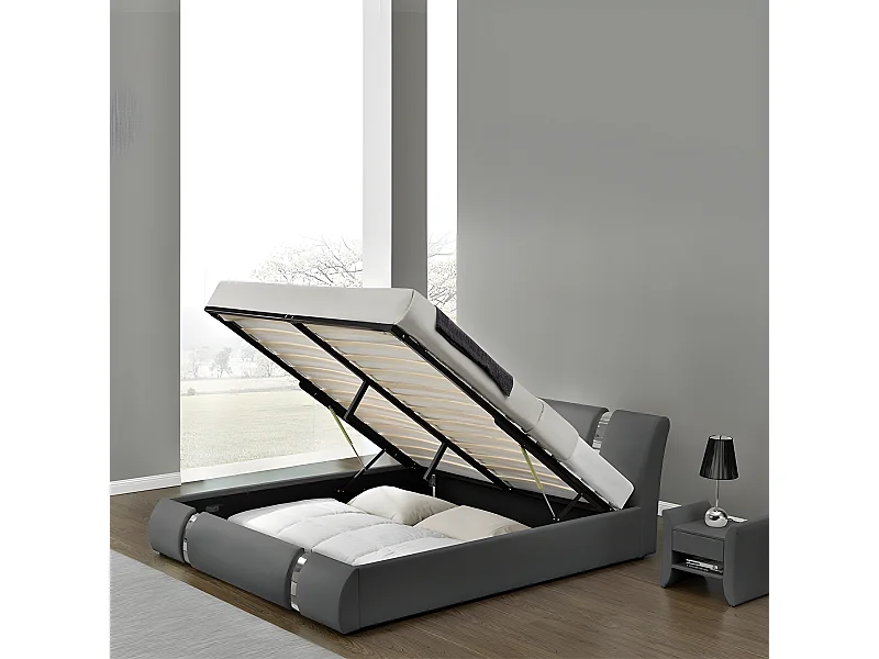 Lit Coffre Sommier Relevable Nova - Couleurs - Gris, Tailles - 140x190