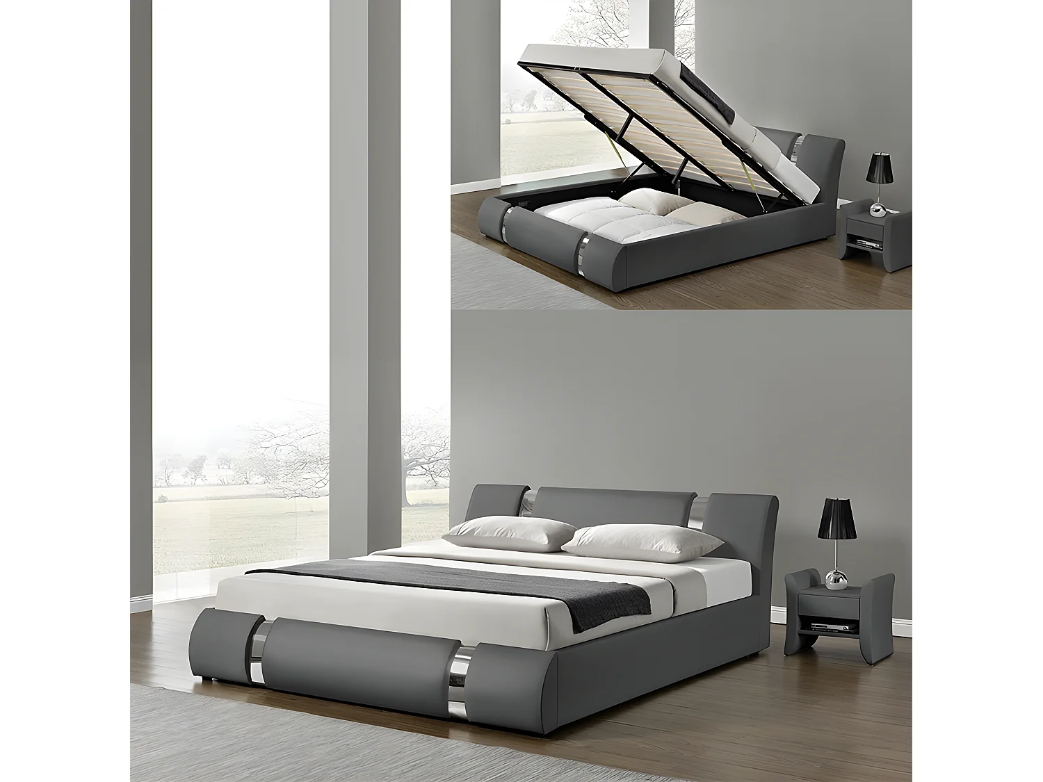 Lit Coffre Sommier Relevable Nova - Couleurs - Gris, Tailles - 140x190