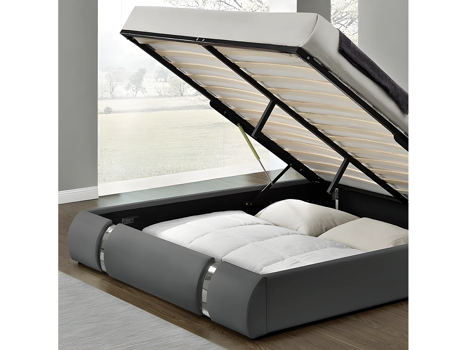 Lit Coffre Sommier Relevable Nova - Couleurs - Gris, Tailles - 140x190