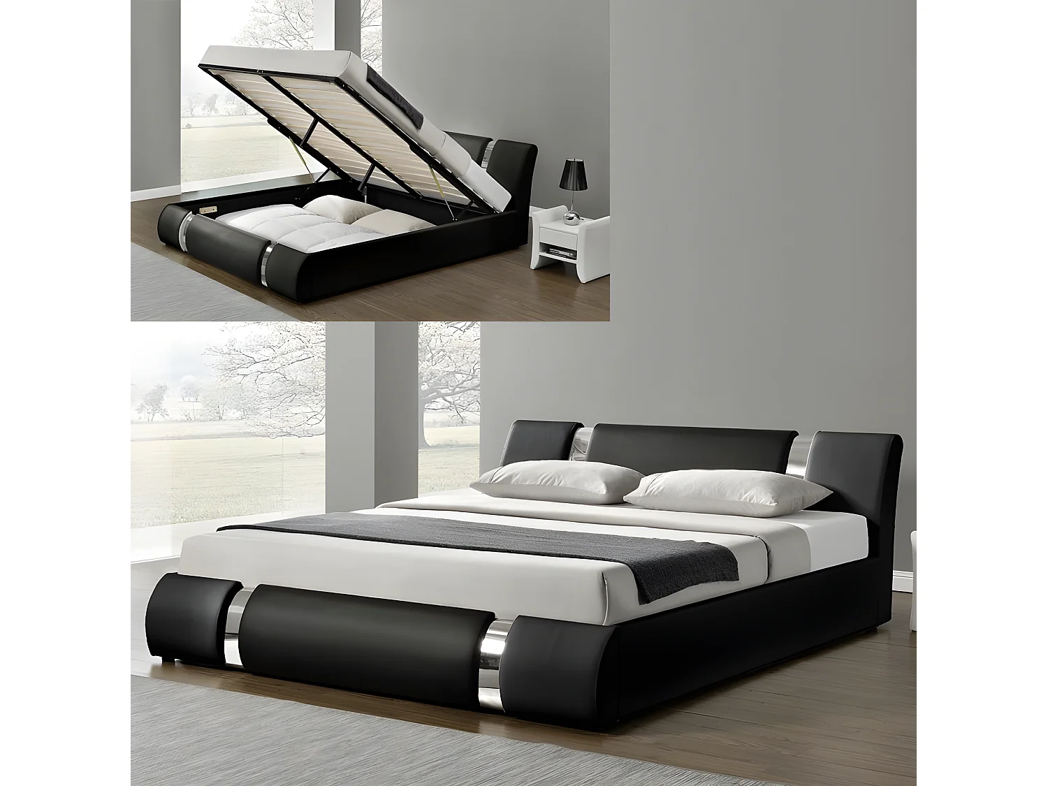 Lit Coffre Sommier Relevable Nova - Couleurs - Noir, Tailles - 160x200