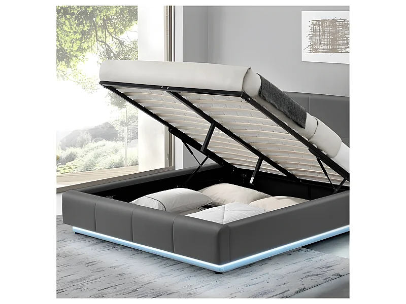 Lit Design Alexi Avec Sommier Et Coffre De Rangement - Couleurs - Gris, Tailles - 140x190