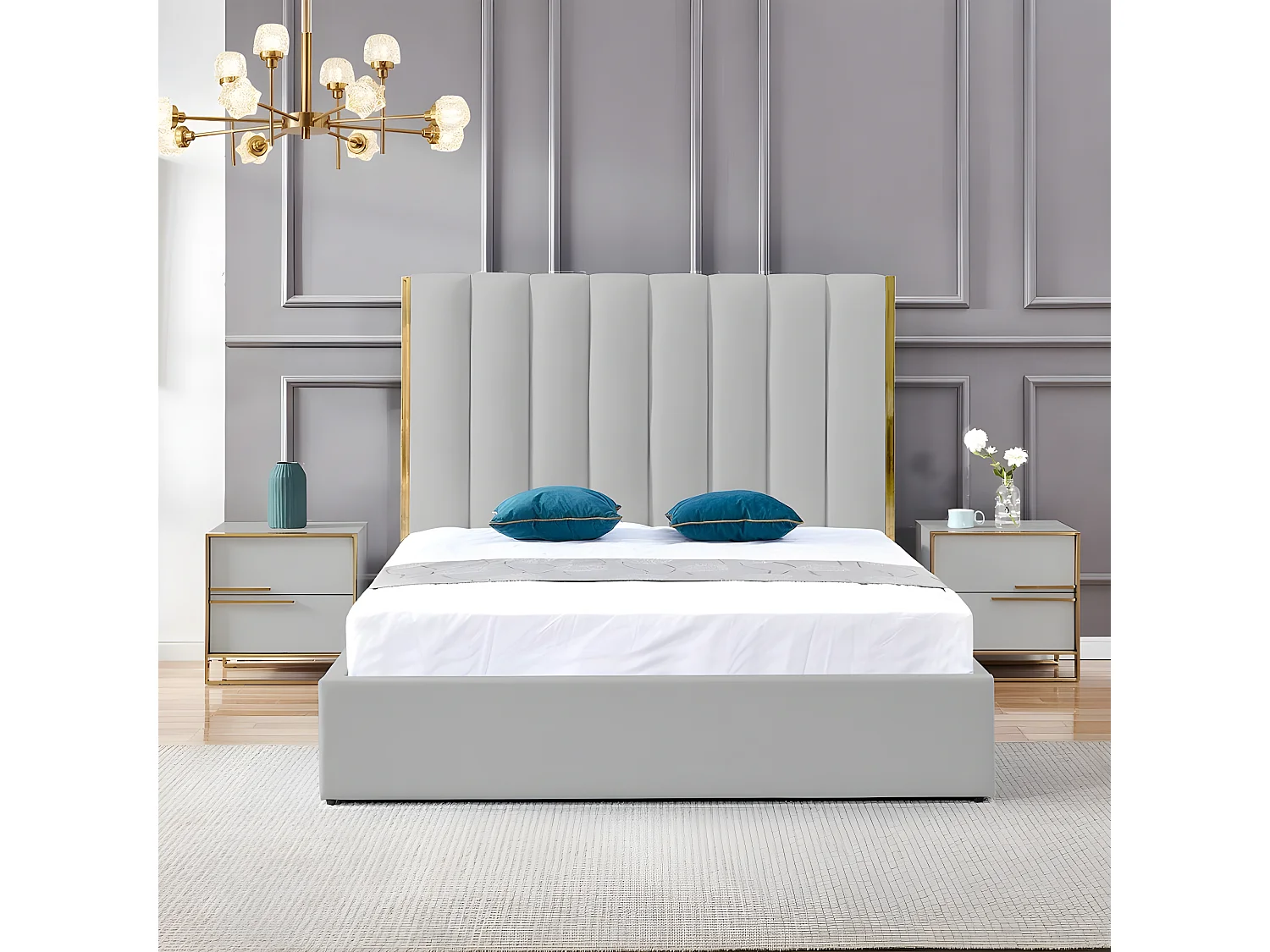 Lit Design Couleur Or Avec Coffre Veneto - Couleurs - Gris, Tailles - 180x200