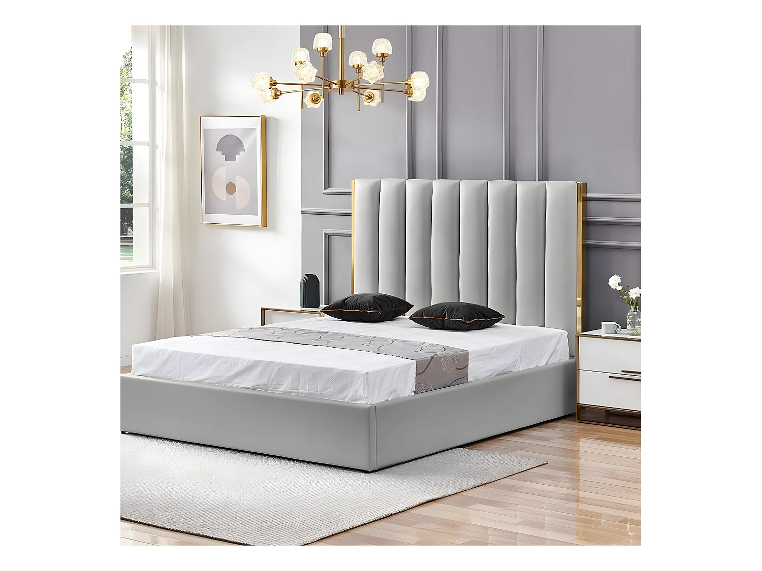 Lit Design Couleur Or Avec Coffre Veneto - Couleurs - Gris, Tailles - 180x200