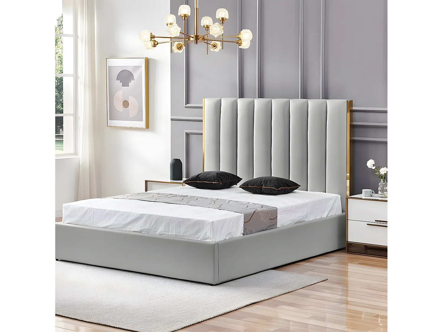 Lit Design Couleur Or Avec Coffre Veneto - Couleurs - Gris, Tailles - 180x200