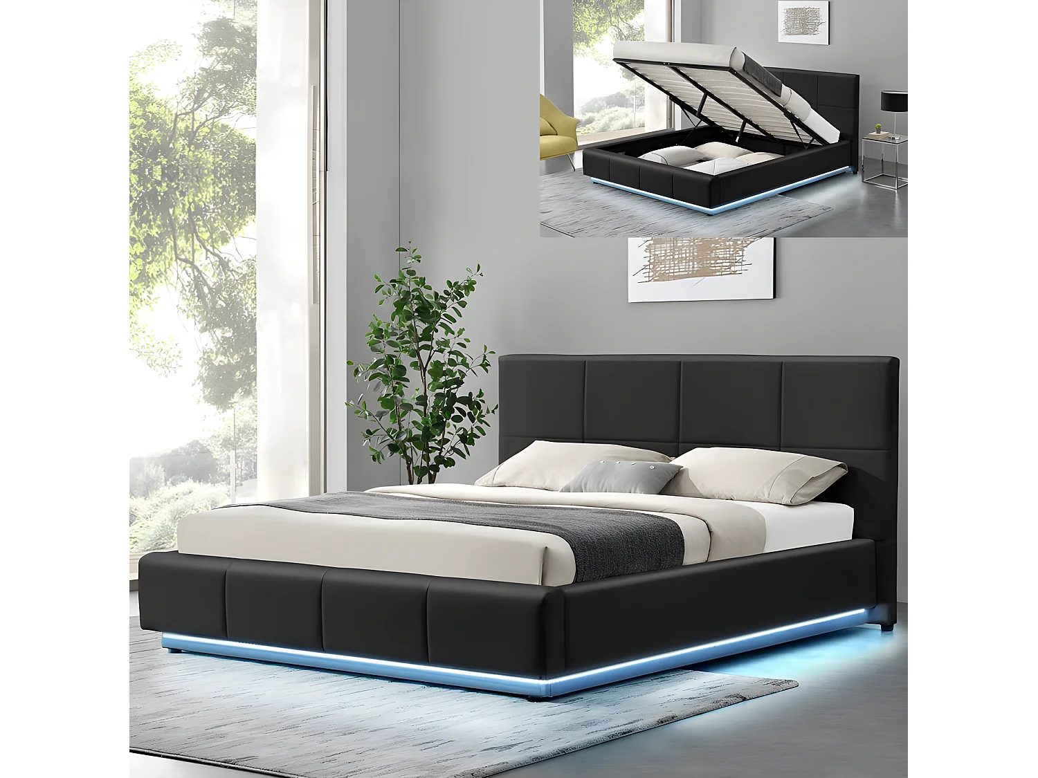 Lit Design Alexi Avec Sommier Et Coffre De Rangement - Couleurs - Noir, Tailles - 160x200