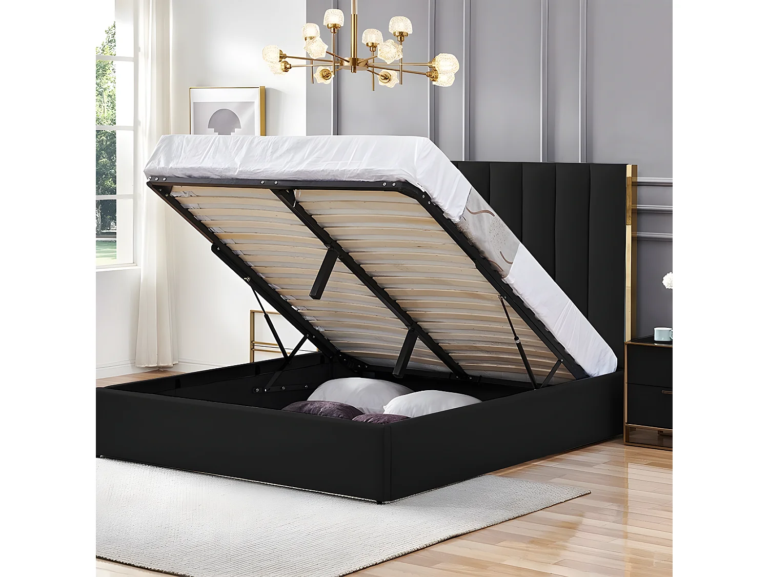 Lit Design Couleur Or Avec Coffre Veneto - Couleurs - Noir, Tailles - 160x200