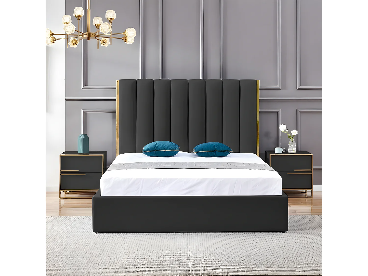 Lit Design Couleur Or Avec Coffre Veneto - Couleurs - Noir, Tailles - 160x200