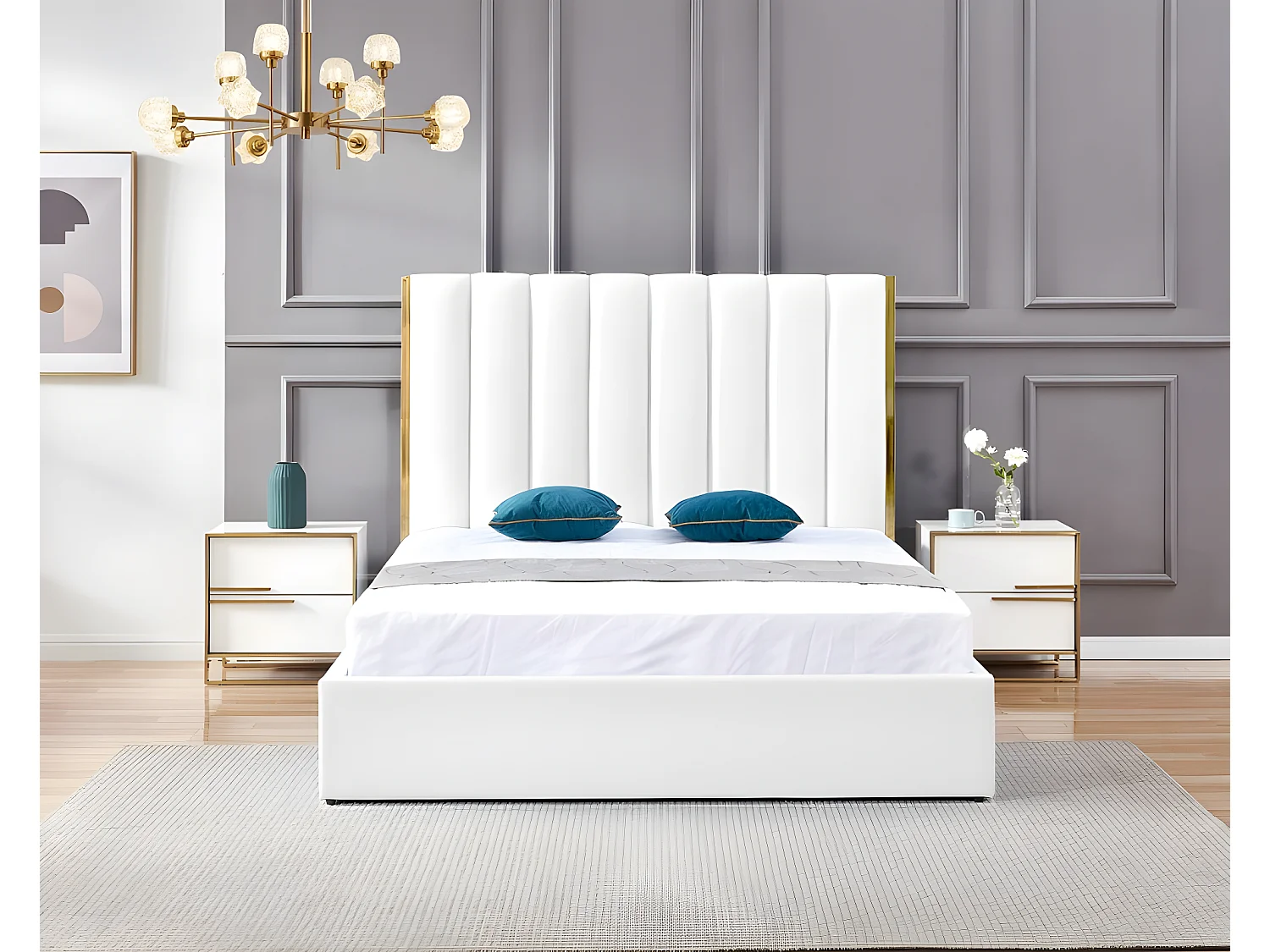 Lit Design Couleur Or Avec Coffre Veneto - Couleurs - Pu Blanc, Tailles - 160x200