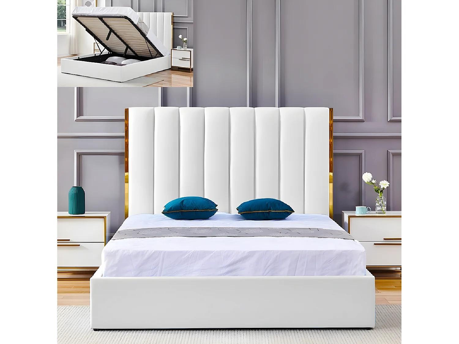 Lit Design Couleur Or Avec Coffre Veneto - Couleurs - Pu Blanc, Tailles - 160x200