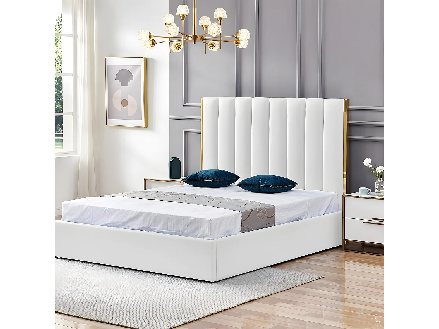 Lit Design Couleur Or Avec Coffre Veneto - Couleurs - Pu Blanc, Tailles - 160x200