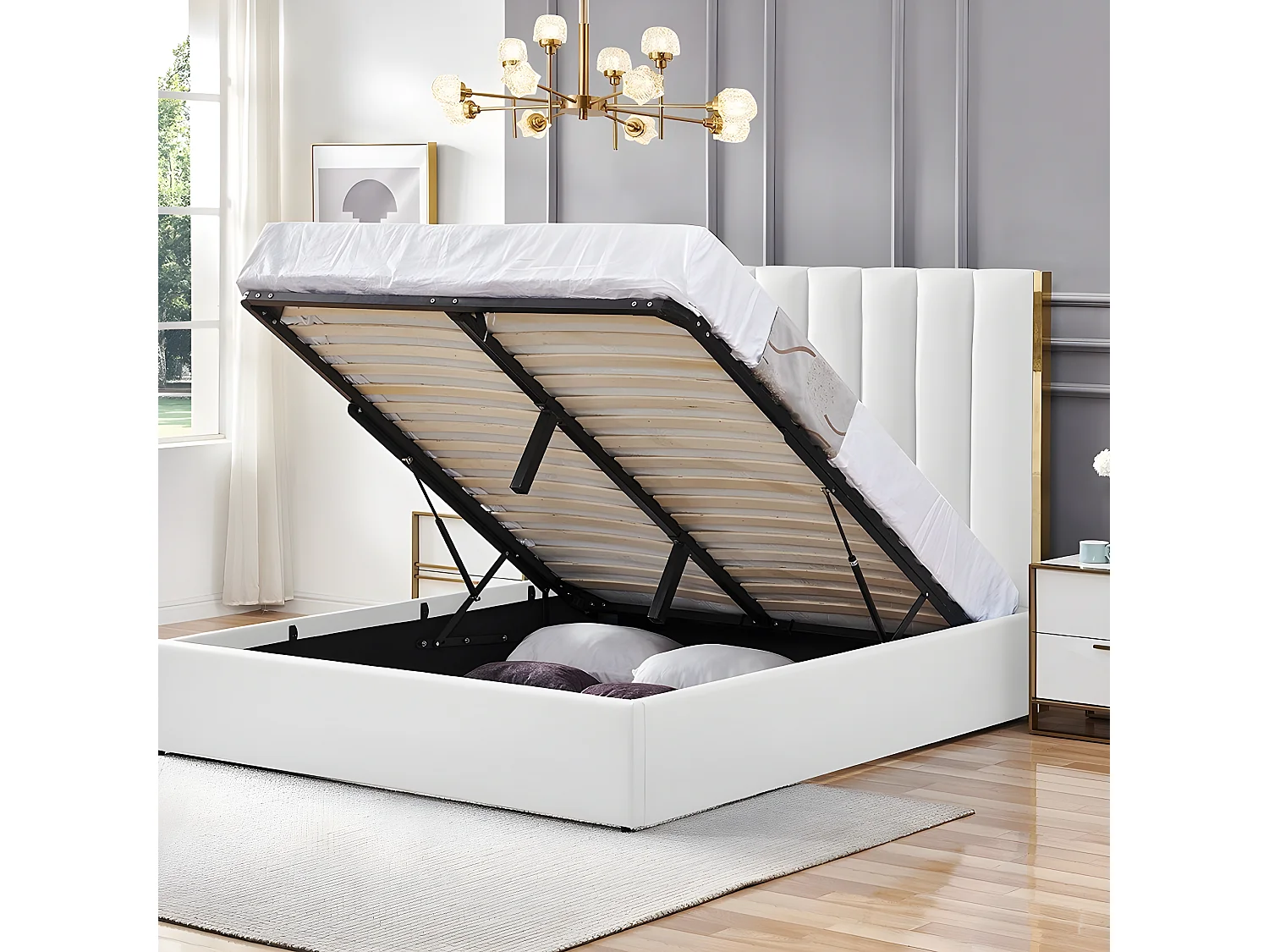 Lit Design Couleur Or Avec Coffre Veneto - Couleurs - Pu Blanc, Tailles - 160x200